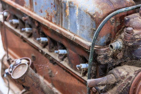 An old engine with a lot of rust and dirt on it. The engine is old and has a lot of wear and tear