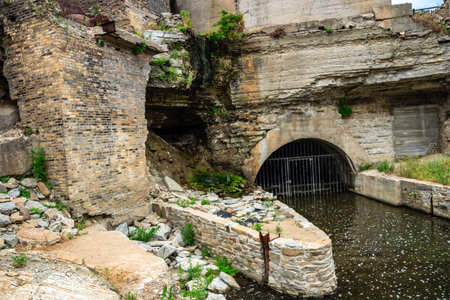 A stone bridge with a small stream running underneath it. The bridge is old and has a rustic...