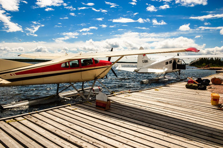 A small plane is sitting on a dock next to a larger plane. The scene is calm and peaceful, with the...