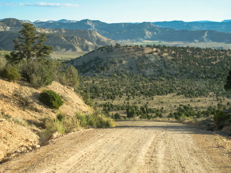 A dirt road winds through a landscape. The road is rocky and bumpy, and the surrounding area is dry. The sky is clear and blueの写真素材