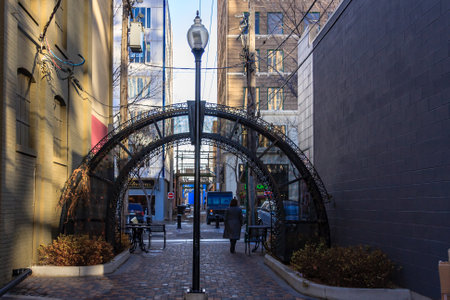 A city street with a large archway and a street lamp. The street is lined with buildings and people...