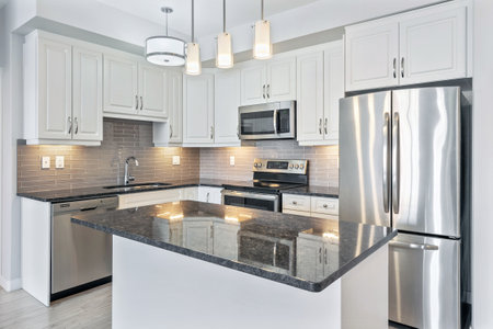 Modern kitchen with stainless steel appliances and a granite countertop. The kitchen is well lit and...