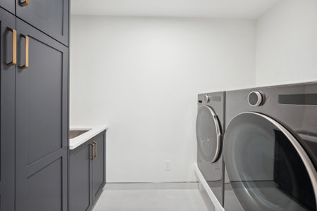 Laundry room with a silver washer and dryer. The washer is on the right side of the room and the dryer is on the left sideの写真素材