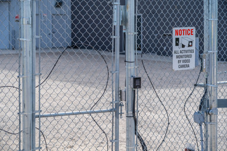 Gate with a notice sign on it. The gate is closed. The gate is surrounded by barbed wire