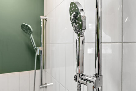 Shower head with a sprayer is mounted on a white wall. The shower head is silver and has a chrome finishの写真素材