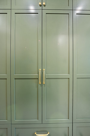 The green cabinets are made of wood and have gold handles. The cabinets are very tall and have a lot...