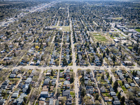City street view with houses and cars. The houses are mostly white and the cars are mostly blackの写真素材