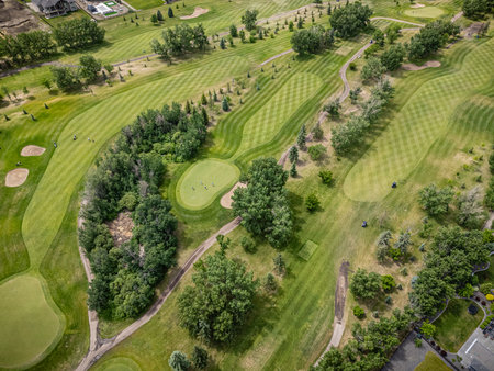 Golf course with a green grassy area and trees. The trees are scattered throughout the course, and there are several puddles of water. The course is well-maintained and he is in good conditionの写真素材