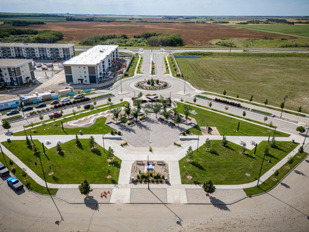 Aerial view of Kensington in Saskatoon, Saskatchewan, showing new homes, ponds, and community parks.の写真素材