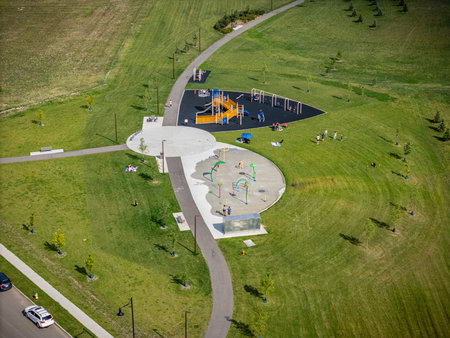 Aerial view of Kensington in Saskatoon, Saskatchewan, showing new homes, ponds, and community parks.の写真素材