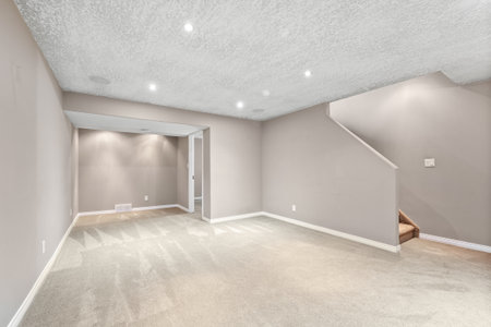 Large, empty living room with a staircase in the background. The room is very clean and well-lit, giving it a bright and welcoming atmosphere