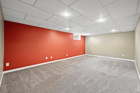 Large, empty room with a red wall and white trim. The room is bare and uncluttered, with no furniture or decorations. The red wall and white trim create a stark contrast, making the room feel starkの写真素材