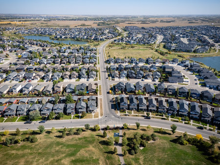 Aerial view of Stonebridge in Saskatoon, Saskatchewan, showing homes, parks, and commercial areas.の写真素材