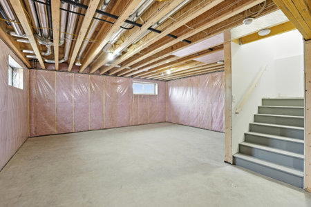 Large empty room with a staircase in the background. The room is unfinished and has a lot of potentialの写真素材