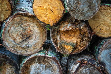 Pile of logs with a mix of brown and green colors. The logs are stacked in various sizes and orientations, creating a sense of depth and dimension. Scene is rustic and naturalの写真素材