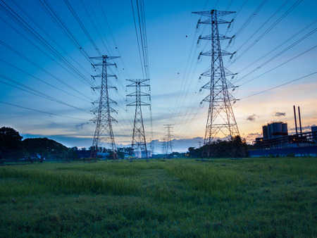 High voltage post or High voltage tower in green field at Butterworth, Penang, Malaysia