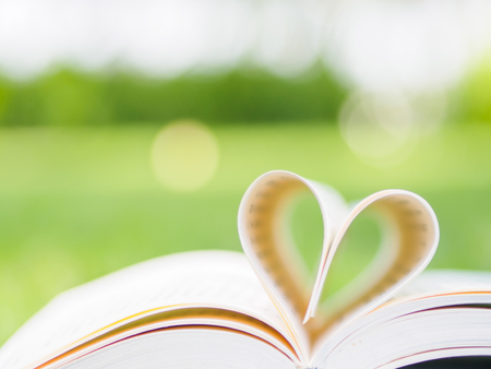 book on table in garden with top one opened and pages forming heart shapeの写真素材