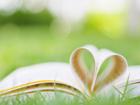 book on table in garden with top one opened and pages forming heart shapeの写真素材
