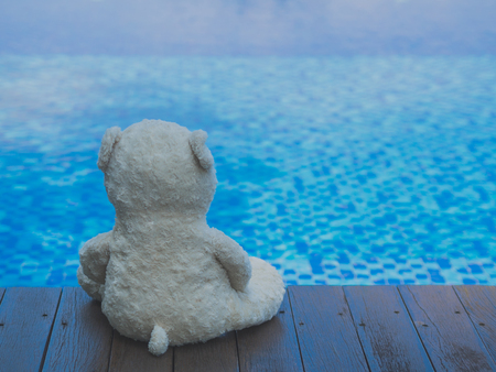 Lonely Teddy Bear Sitting near Swimming Pool (Concept about love)の写真素材