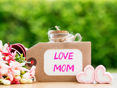 mother's day concept. LOVE MOM alphabet with flower on backgroundの写真素材