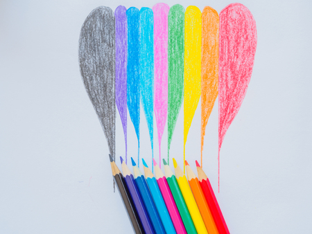 Color pencils on white paper. Education material back to school, for background and wallpaper.の写真素材