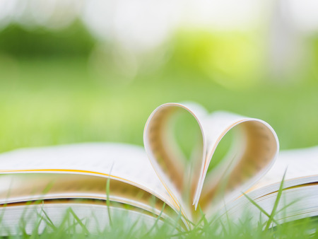book on table in garden with top one opened and pages forming heart shapeの写真素材