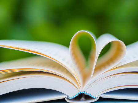 book on table in garden with top one opened and pages forming heart shapeの写真素材