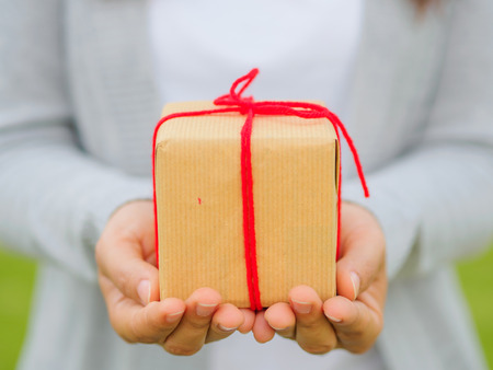 Hands holding beautiful gift box, female giving gift, Christmas holidays and greeting season concept, shallow dofの写真素材