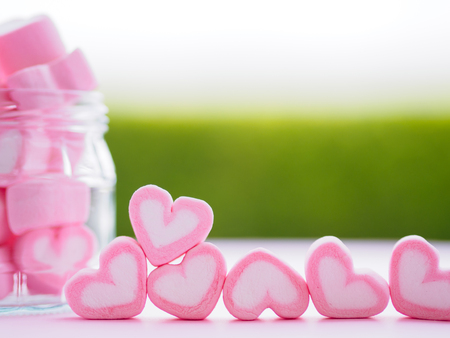Closeup of sweet marshmallow in the shape of heart on wooden plate and flower at background. Concept about love and relationship. (Soft Style for Background)の写真素材
