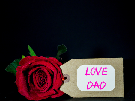 Father's day concept. LOVE DAD message with red rose on black backgroundの写真素材