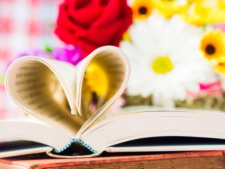opened book and pages forming heart shape with flower in backgroung. LOVE and valentine's day concept.の写真素材