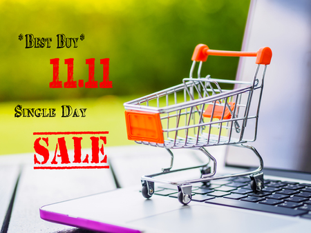 Mini shopping cart and laptop for Chinese 11.11 single day sale concept.の写真素材