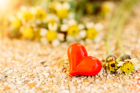 Vintage style of 2 red hearts with wooden hearts on a wooden background. Happy Valentine's Day concept.の写真素材