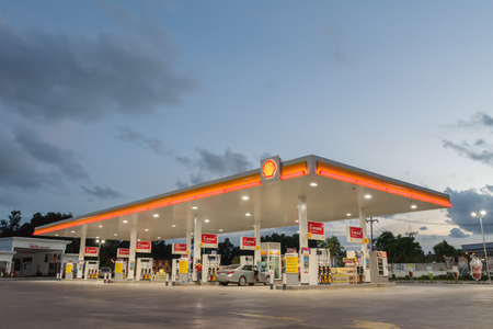 Rayong, Rayong /Thailand - June 17, 2018: Shell gas station blue sky background during sunset. Royal Dutch Shell sold its Australian Shell retail operations to Dutch company Vitol in 2014のeditorial素材