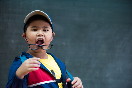 Happy smiling asian boy in glasses is going to school for the first time. Child with school bag and...