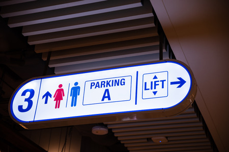 Illuminated signboard Level, toilet, parking, lift in shopping mallの写真素材