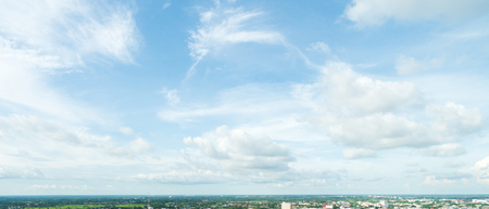 Panorama of clear blue sky with white cloud background. Clearing day and Good weather in the morning.の写真素材