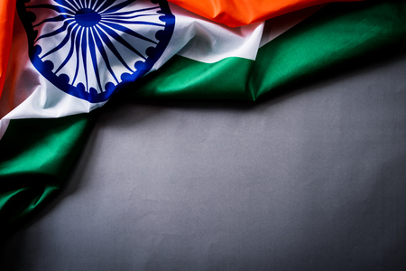 Top view of National Flag of India on gray background. Indian Independence Day.の写真素材