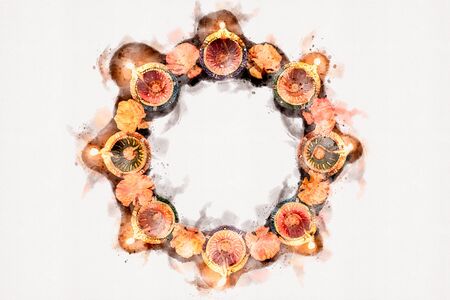 Watercolor painting Happy Diwali - Clay Diya lamps lit during Dipavali, Hindu festival of lights celebration. Colorful traditional oil lamp diya on black backgroundの写真素材