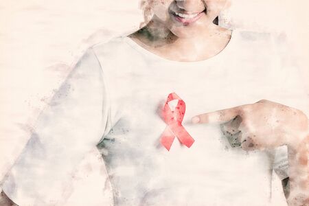 Closeup of red badge ribbon on woman chest to support AIDS Day. Healthcare, medicine and AIDS...