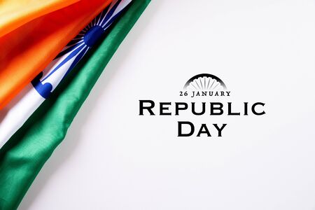 Indian republic day concept. Indian flag with the text Happy republic day against a white background. 26 January.の写真素材