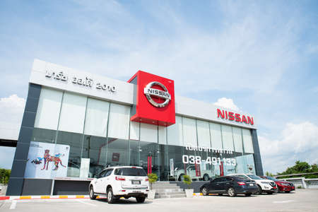 Laemchabang-Chonburi, Thailand - May 09, 2020. Official dealership showroom for Car and SUV of Nissan against the blue sky at Chonburi - Thailand,  Nissan Motor is a Japanese multinational automobile manufacturer.のeditorial素材