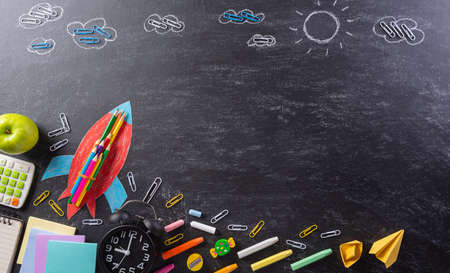 Education or back to school Concept. Top view of Colorful school supplies with books, color pencils,...