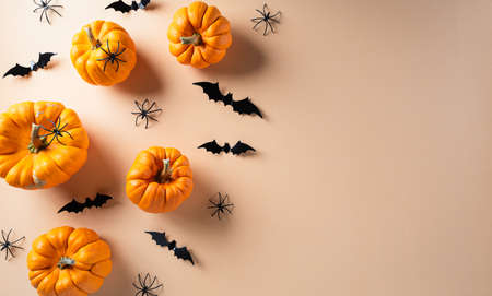 Halloween decorations made from pumpkin, paper bats and black spider on pastel orange background. Flat lay, top view with copy space for text.の写真素材