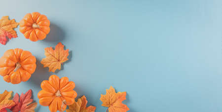 Thanksgiving background decoration from dry leaves and pumpkin on  pastel blue background. Flat lay, top view with copy space.の写真素材