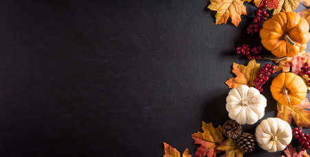 Thanksgiving background decoration from dry leaves,red berries and pumpkin on blackboard background. Flat lay, top view for Autumn, fall, Thanksgiving concept.の写真素材