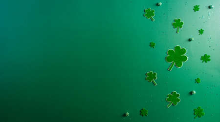 Happy St. Patricks Day decoration concept. Flat lay, top view of clover leaves on green background with space for text.の写真素材
