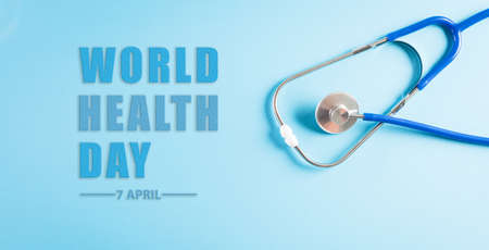 World health day and medical concept. Top view of doctor stethoscope on pastel blue background.の写真素材