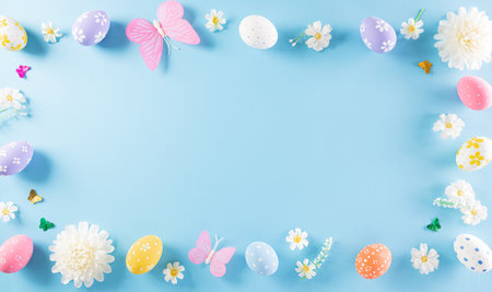 Happy easter! Colourful of Easter eggs in with flower on pastel blue background. Greetings and...