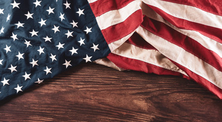 Happy memorial day concept made from vintage american flag on old wooden background.の写真素材